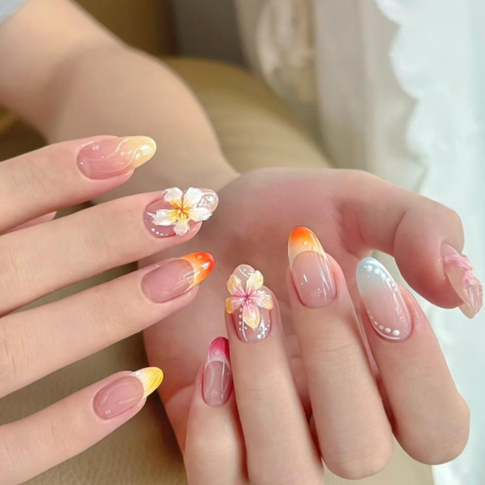 Manicure Długie Migdałowe Sztuczne Paznokcie Kwiaty Motyl French Press on Nails Aurora Odpinane Sztuczne Paznokcie Kobiety