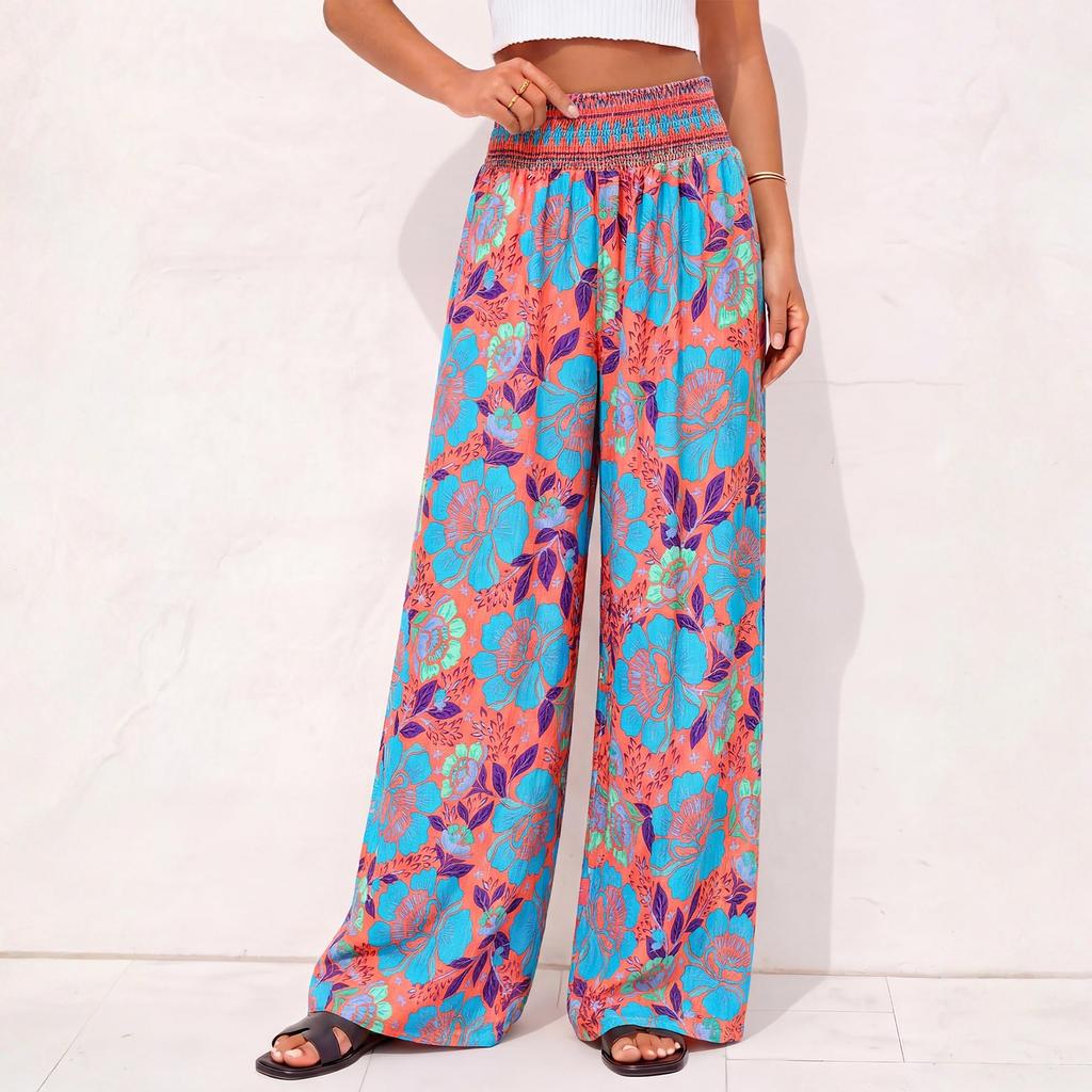 Women Plus Size Wide Leg Palazzo Pants Summer Boho Floral Print High Waist Elastic Waistband Lounge Trousers with Pockets