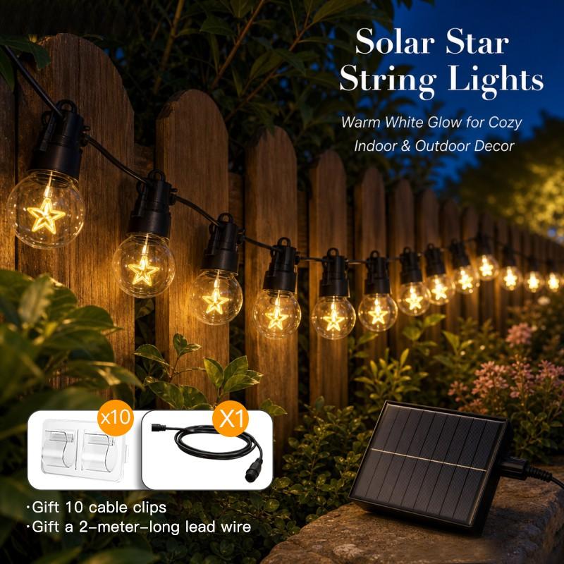 Solar Star String Lights 5M 10LED with 2M Lead Wire & 10 Hooks, Outdoor Waterproof Garden Christmas Decor Lights