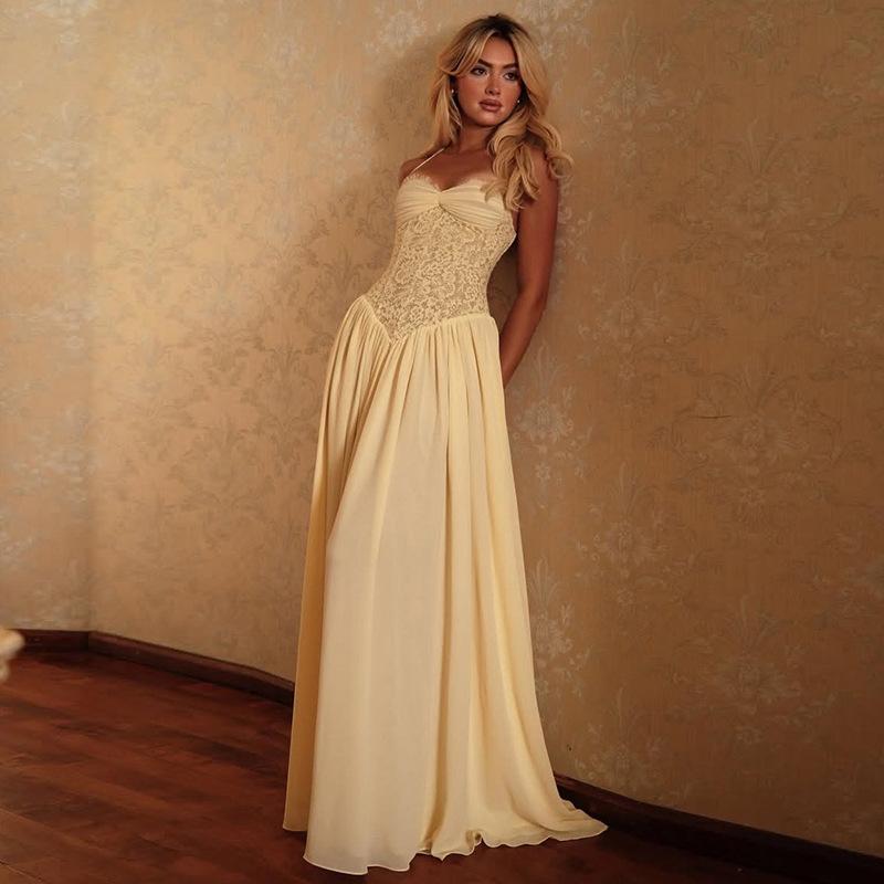 2026 European and American summer new solid color elegant temperament wind neck lace flower surface design dress women