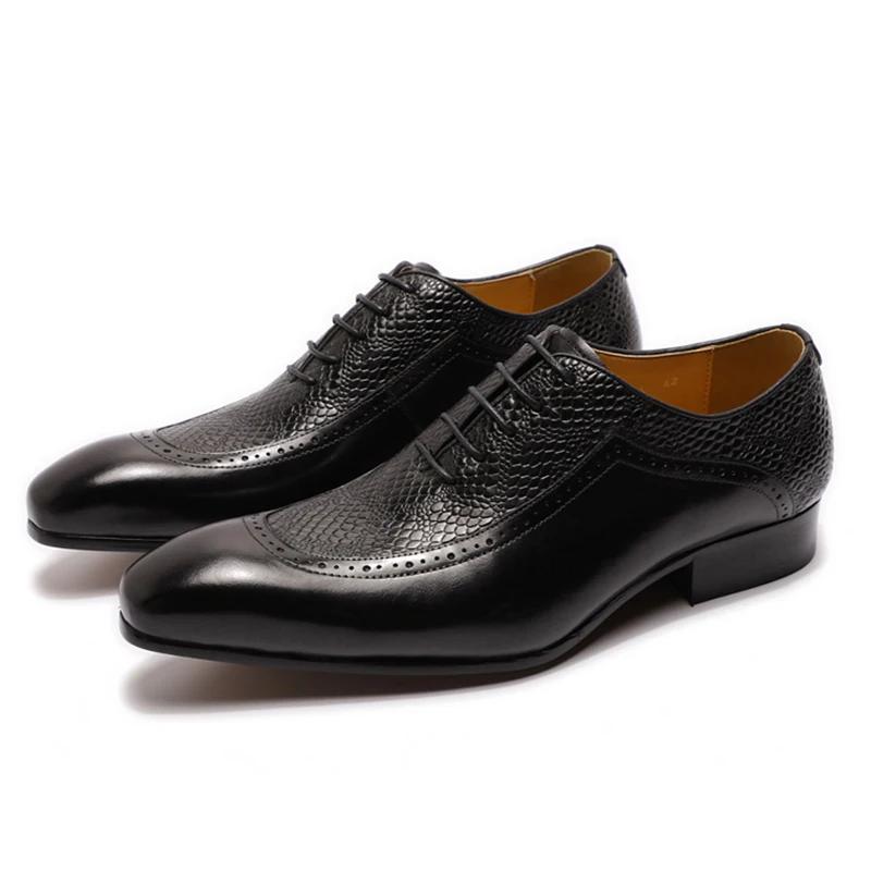 Fashion Men's Genuine Leather Pointed Toe Dress Shoes Lace-Up Formal Business Oxford In Black/Brown Luxury Elegant Footwear