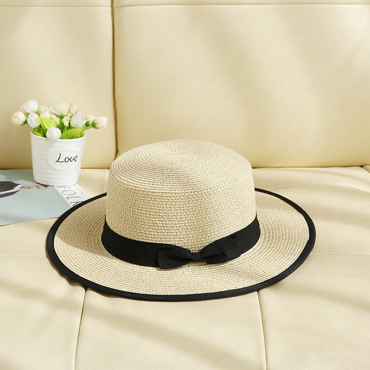 Flat Top White Straw Hat Female British Beach Hat Sunscreen Versatile Hemming Top Hat Seaside Travel Vacation Hat Travel