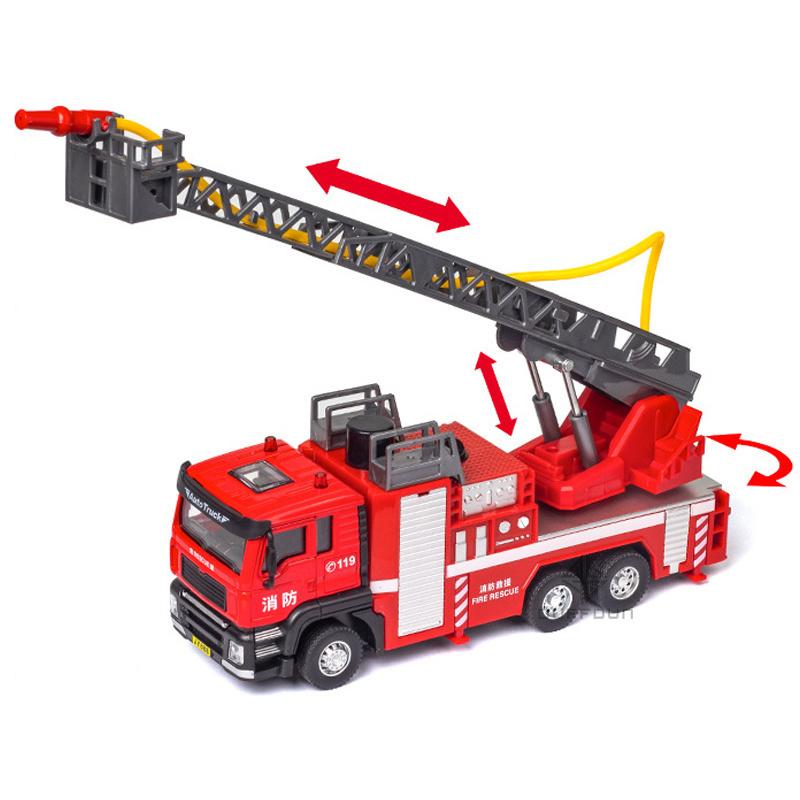 1/50 Alloy Diecast Car Model Toy Fire Engine Metal Vehicle Body Simulated Water Spray Light Sound With Pull Back Children's Toys