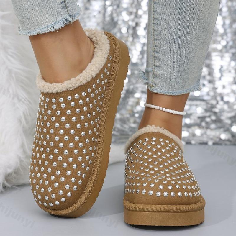 Fashion Women's Cotton Slippers Winter New Fashion Rhinestone Thicken Warm Home Shoes Lightweight Comfortable Outdoor Non Slip Flats