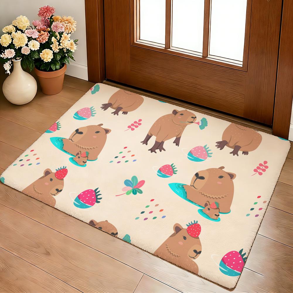 Cute Capybara Pattern Floor Mat Cozy Flannel Soft Thick Non-Slip Mat For Living Room Bedroom Kitchen Decor Rugs