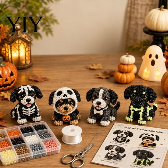 Bastelset für Teenager und Erwachsene Halloween Hund Perlenkunst-Set, DIY 4 Perlen-Hundefiguren, 3D-Stickerei Starter-Kit Basteln für Teenager, Feiertagsdekoration