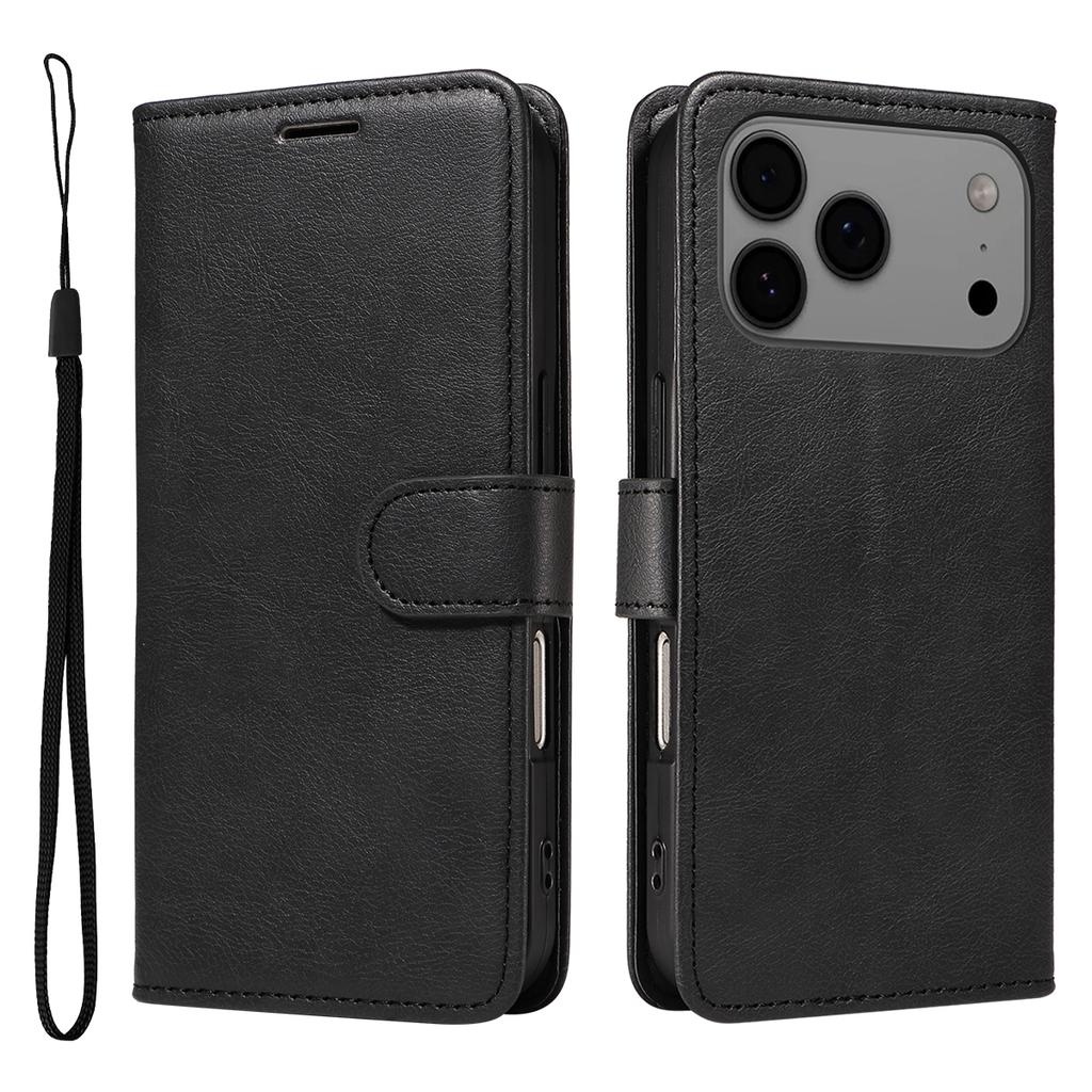 For iPhone 17 Pro Max Leather Wallet Case with Strap Solid Color Phone Stand Cover