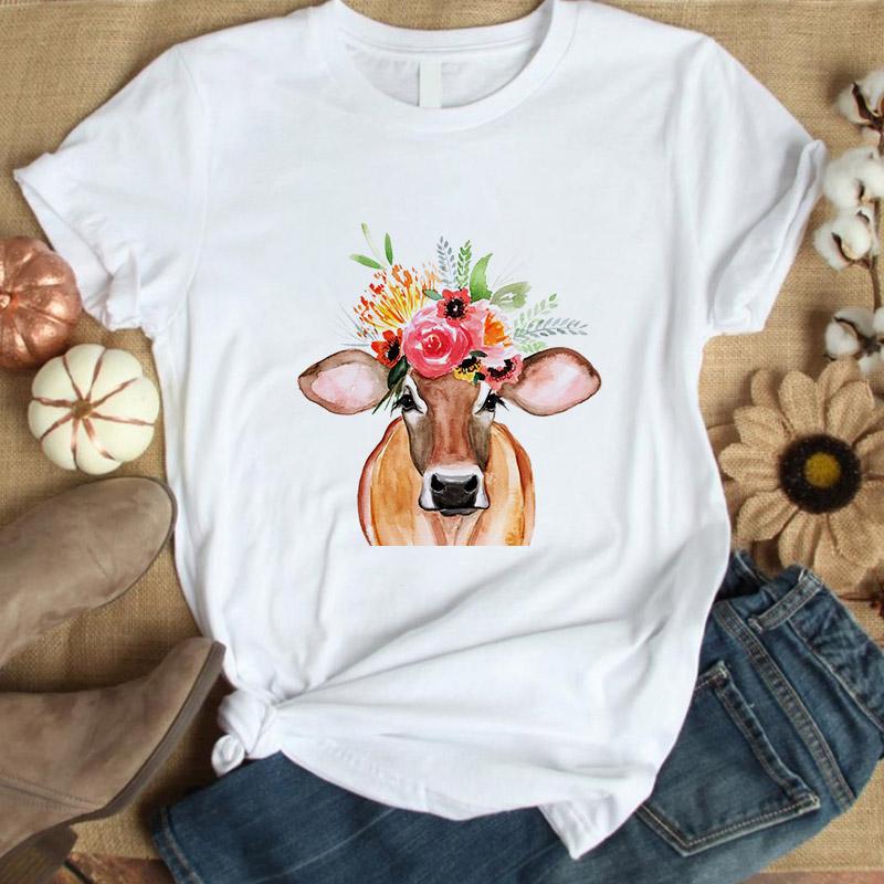 2022 Women T-shirt Floral Cow Flower Print Summer Women Graphic Tops Short Sleeve tshirt Femal tee shirt femme