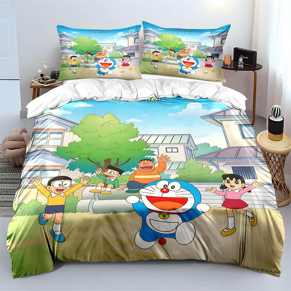 D-Doraemon mit Freunden Bedrucktes Bettwäscheset für Kinder Jungen Mädchen Neue 3D-Bedruckte Bettdecke Bettbezug Kissenbezug Schlafzimmer Dekor