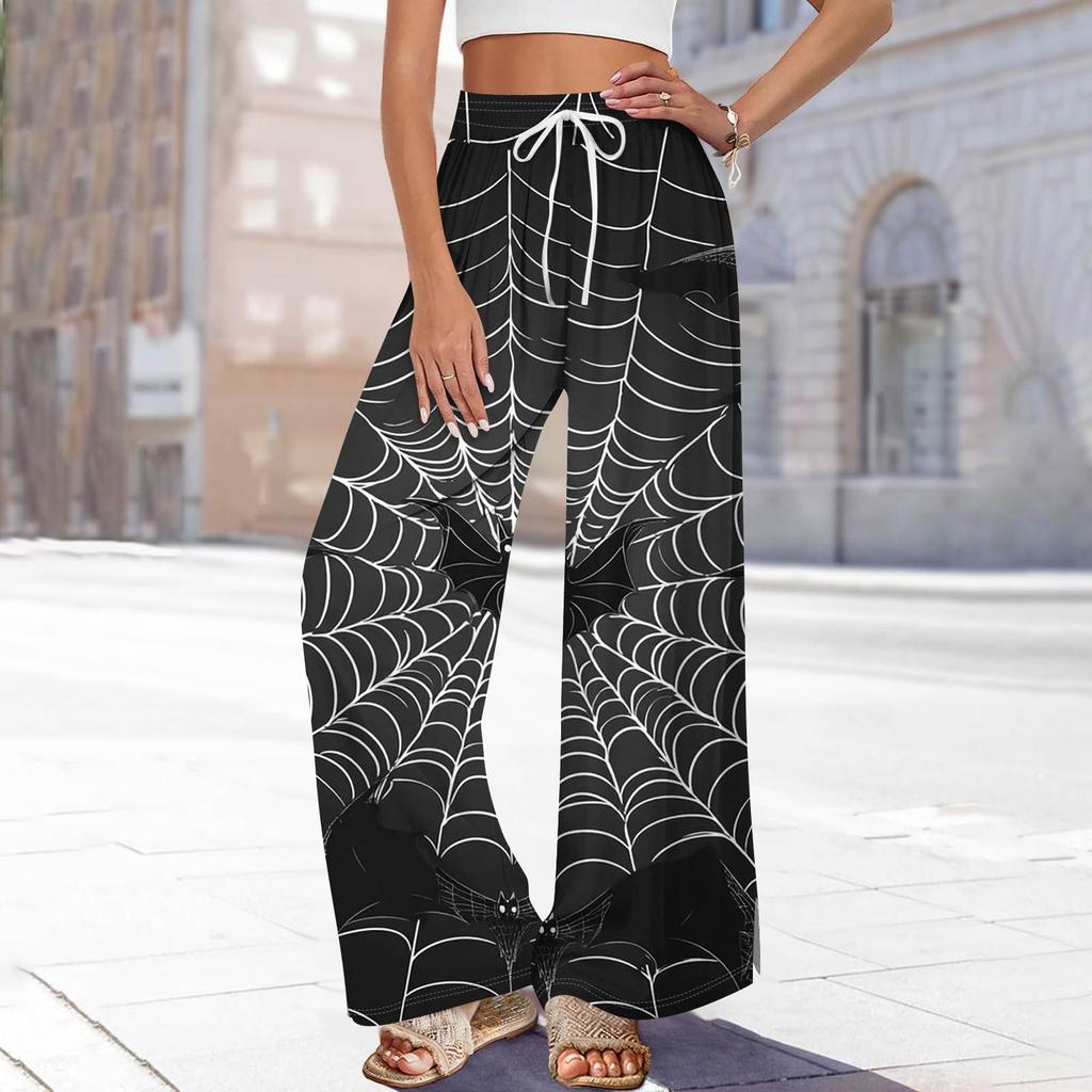 Women's Printed Wide Leg Pants With Pockets High Waist Drawstring Loose Casual Pants