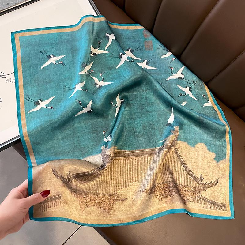 Chinese style simple silk 53 small square scarf silk scarf crane temperament versatile mother scarf female mulberry silk versatile model 53*53cm