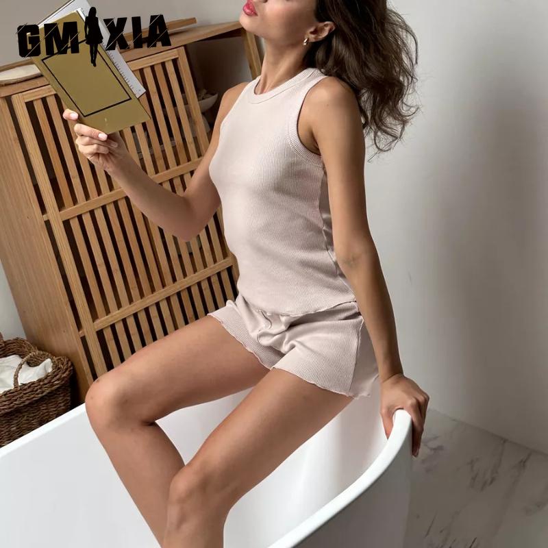 GMXIA Spring and Summer Pajamas Set Solid Colour Comfortable Vest Shorts Casual Loungewear Two-piece Set