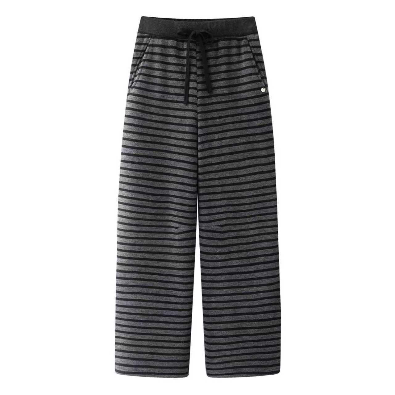 

New 2025 Korean Style Women s Striped Wide-Leg Pants - Elastic Waist, Drawstring, Plus Velvet, Casual, Slimming. M