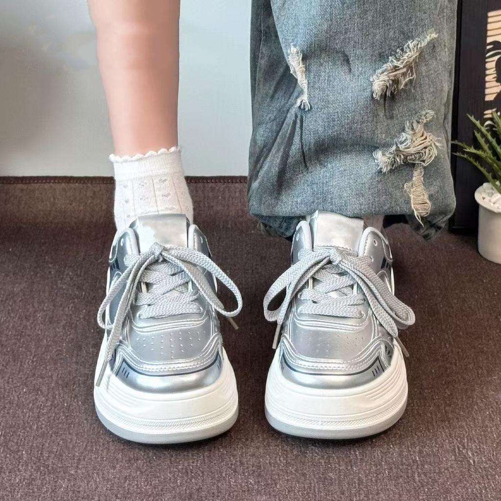 Super moi cu talpă groasă argintii versatili casual toamnă suprafață din piele respirabili modă rezistenți la uzură pantofi cu platformă muffin femei