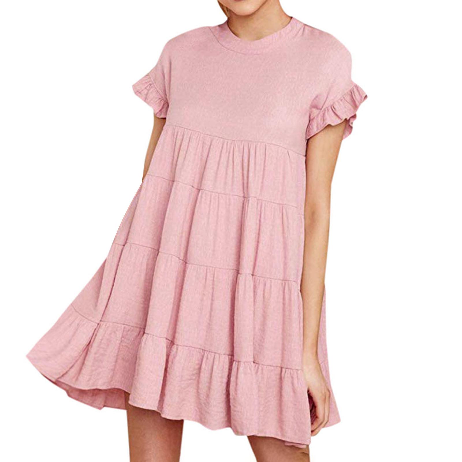 Women s Neck Ruffle Short Sleeve Babydoll  Dress Ruffle Swing Dress Ruffle Cake Dress S