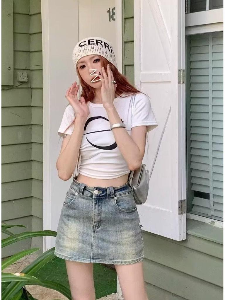 2025 Summer Women's High Waist Distressed Denim A-Line Skirt