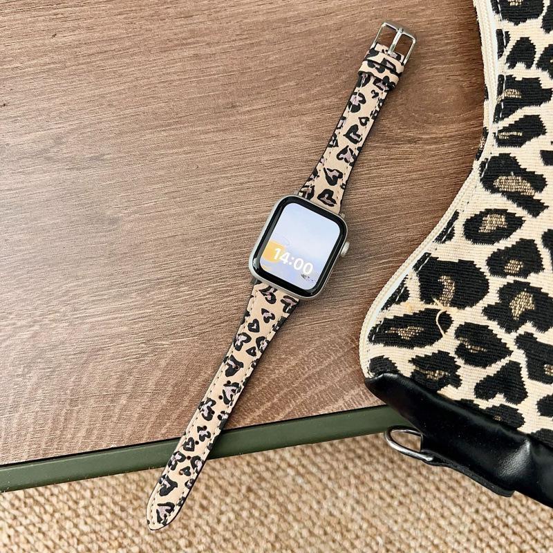 Leopard Print Leather Strap for Apple Watch 11 iWatch 10987E, Huawei FIT4, Xiaomi 9PRO