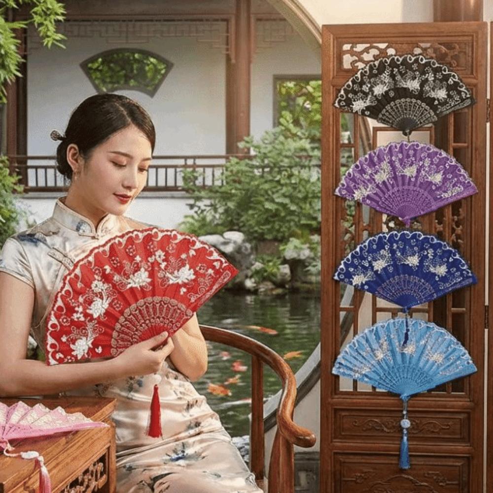 Vintage Style Folding Fan with Tassel Dance Fan Multipurpose Handheld Fan  Wedding Party