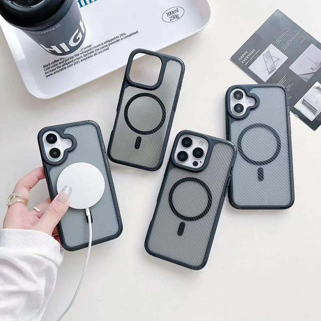 Luxury Carbon Fibre Magnetic Wireless Charging Phone Case for iPhone Samsung Translucent Bumper Cover