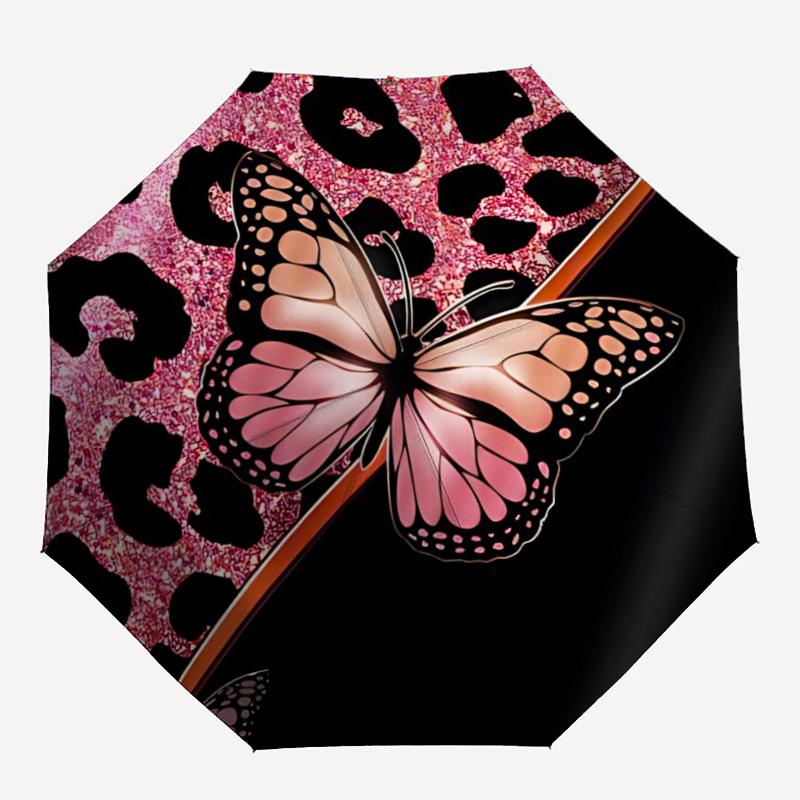 

1pc Butterfly Leopard Pattern Auto-Fold Umbrella with One-Touch Open/Close - 8 Reinforced Ribs for Windproof Stability, yy251118212