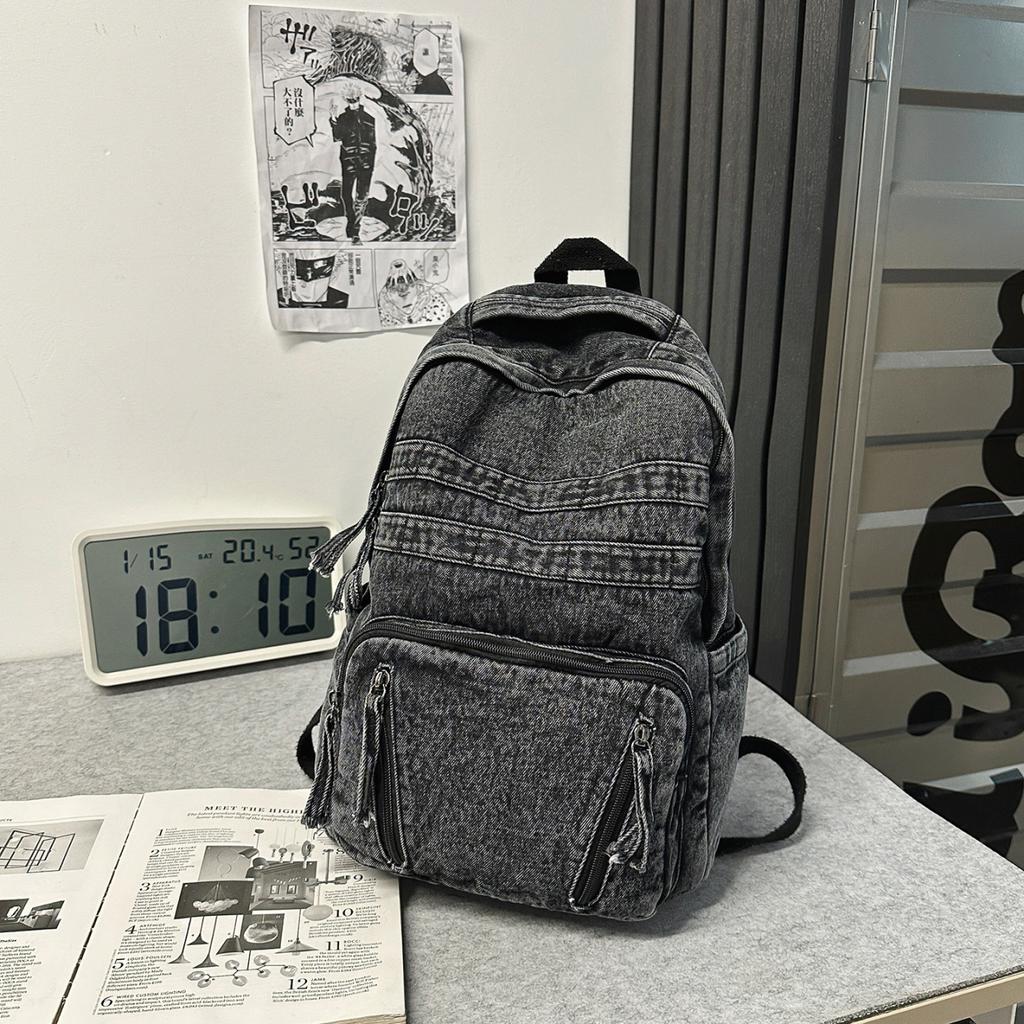 Schoolbag Retro Washed Denim Backpack College Student Couple American Street Style Class Travel Relaxation Backpack