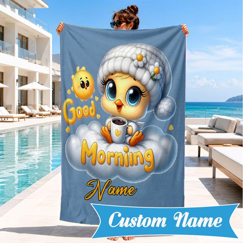 Custom Name Good Night Yellow Bird Heart In Space Adventure Microfiber Beach Towel, Lightweight for Summer Travel, Swimming Pool Fan Gift
