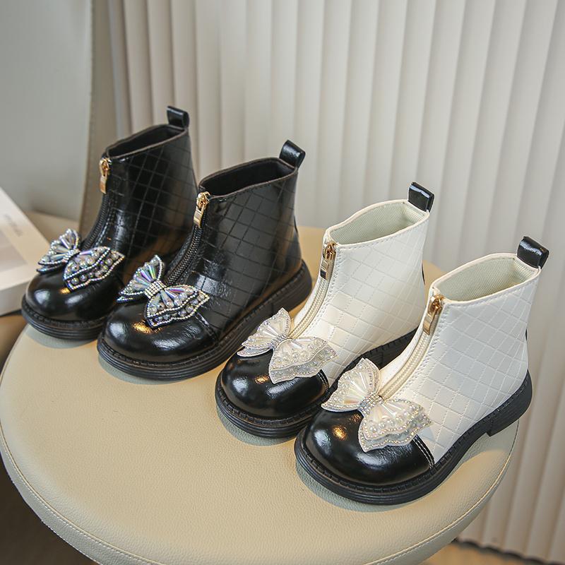 Girls Ankle Boots Children Flats Bottom Princess Rhinestone Boots with Bow-knot Front Zip Glossy Fashion Kids Chelsea Boots 2024