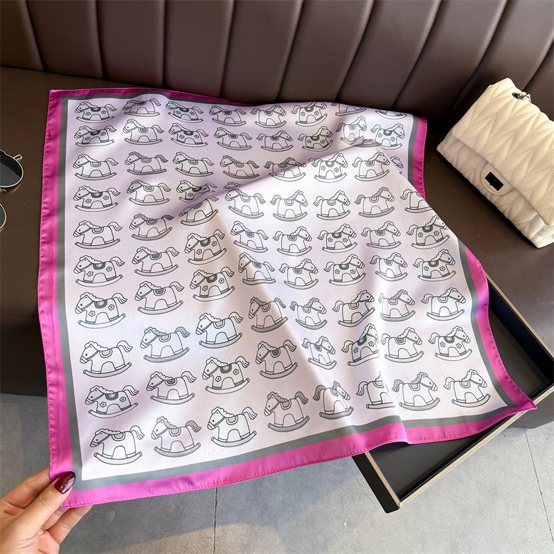 Korean Style Cute Trojan Printed Silk Feel Square Scarf For Women