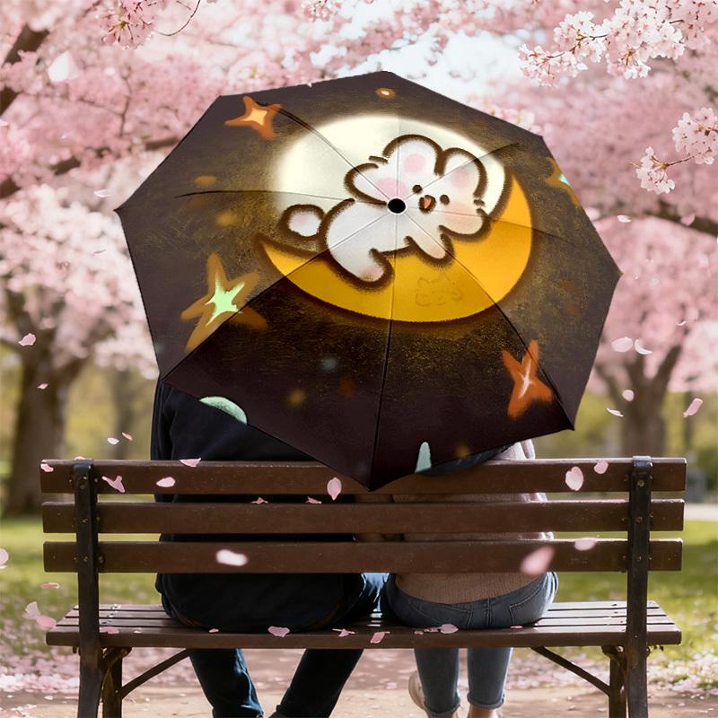 Starry Night Moonlit Adventure: Cute Bunny On the Moon Umbrella - Auto Open/Closed, Outdoor Protection, Lightweight & Durable Travel Accessory 142