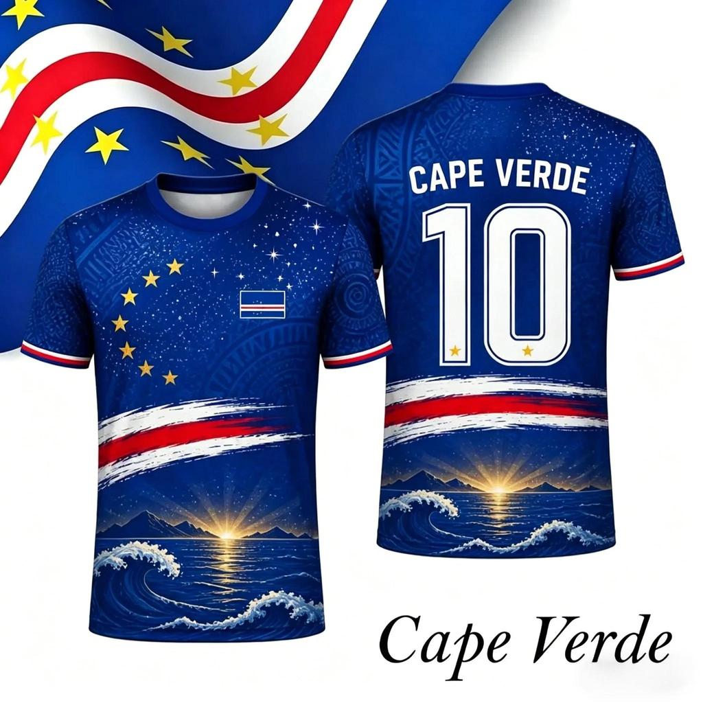 Camisa de futebol de Cabo Verde, estampa tropical 3D, tamanho família, adequada para crianças e adultos, para treino, fitness e corrida.