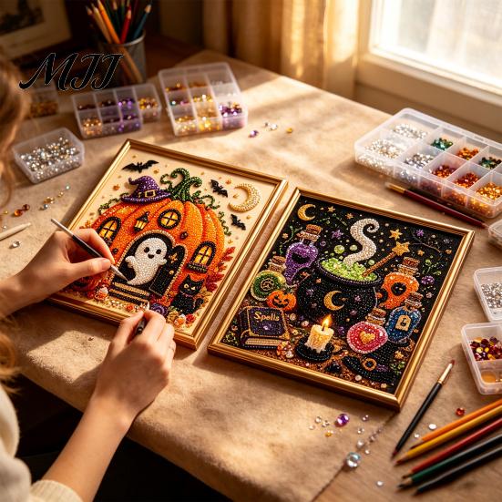 Easy Craft for Beginners Halloween Faux Pearl Painting Kit, DIY Witchcraft Art 3D Handmade Gift Adults Bead Wall Kit Beginners, Holiday Decor Shiny