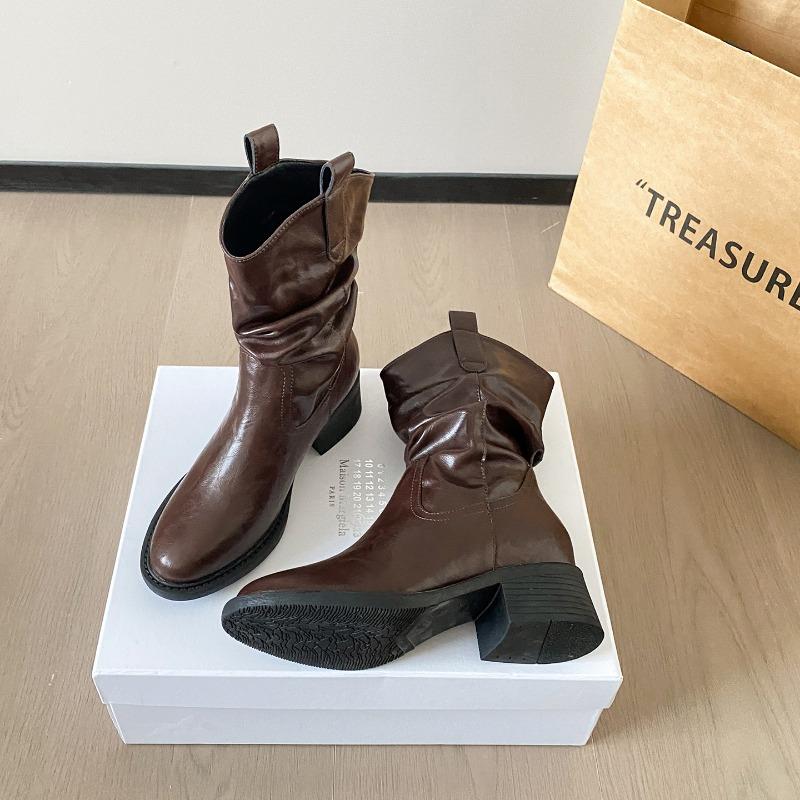 

8 thick-soled V-mouth slim low boots women s shoes spring and autumn western cowboy pile short boots Martin boots~ 39