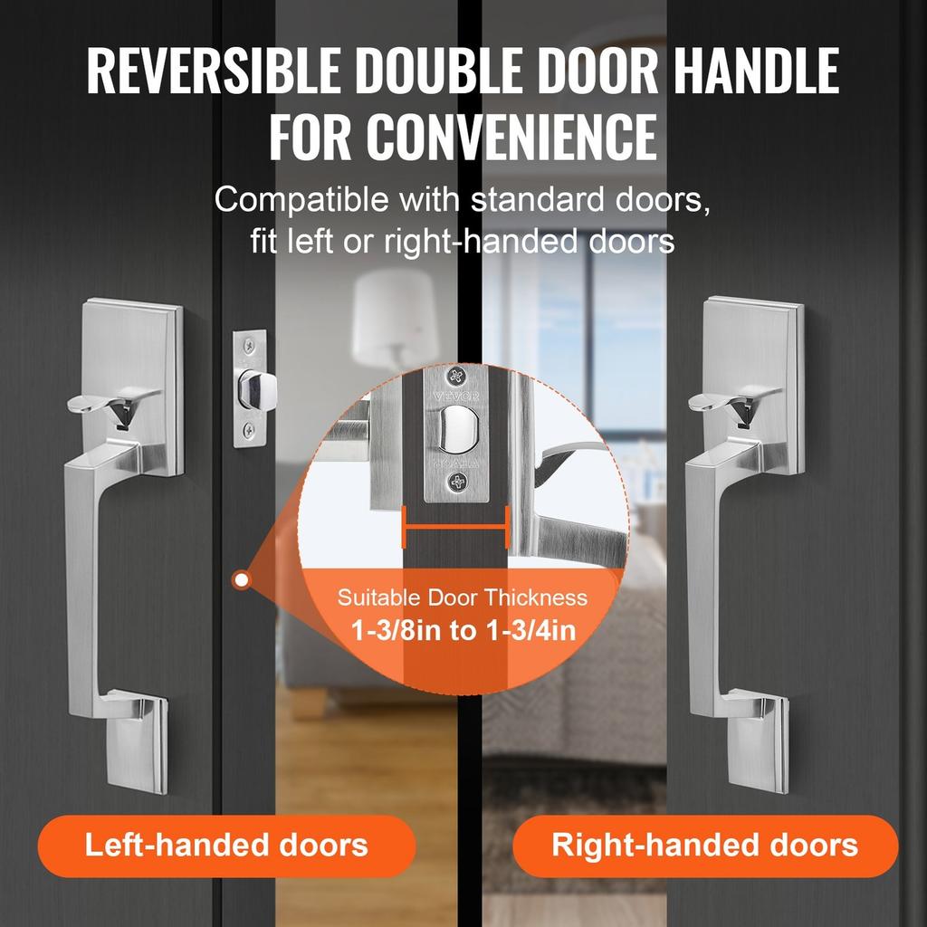 Front Door Handle, Square Entry Handle Set with Lever, No Lock, Adjustable Hole Space, Zinc Alloy Die-Casting, Reversible for Right and Left Handed