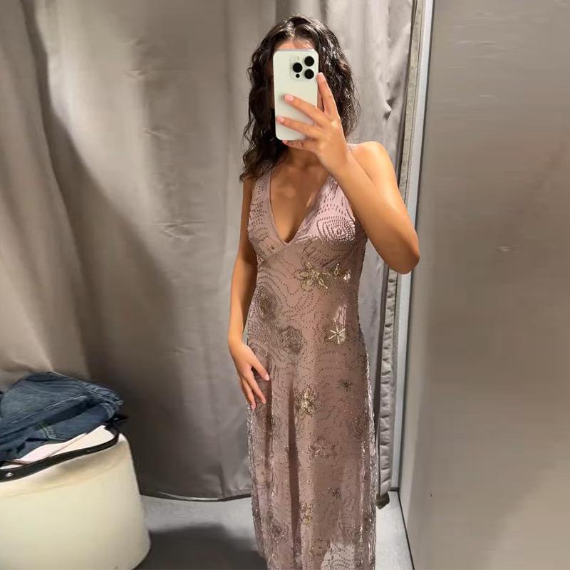 Mesh Sling Dress Women V-neck Diamonds Ruffles Long Dresses Female Backless Sleeveless Spring Summer Casual Lady Holiday Dress