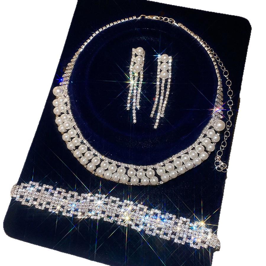 Korean Style Rhinestone Geometric Tassel Pearl Earring and Necklace Set with Luxury Clavicle Chain