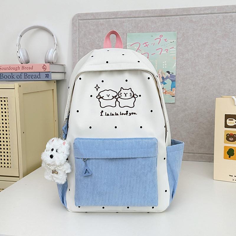 Soft Girl Dot Pattern Nylon Backpack With Cartoon Puppy And Polka Dot Print Designfor Teens And Adults синий
