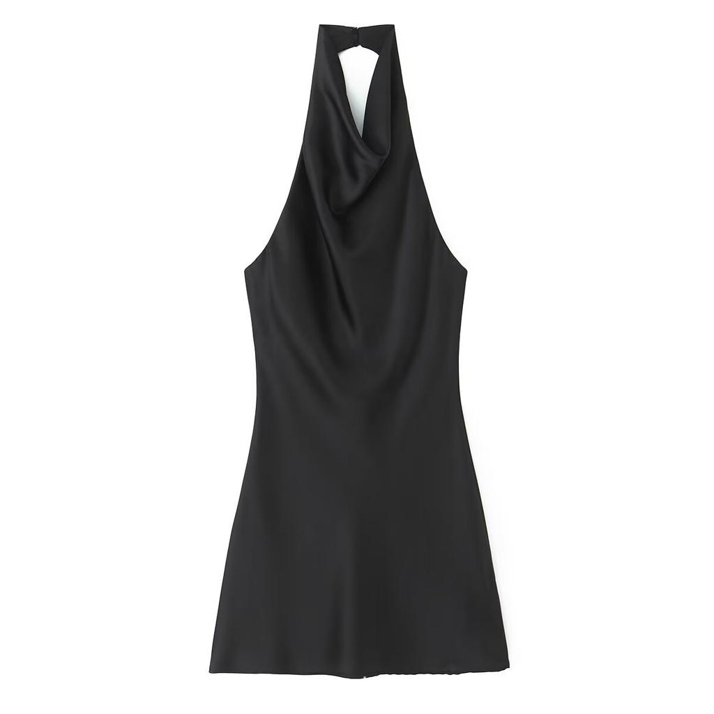 Women's Wholesale European and American Summer Sexy Halter Silk Satin Textured Neck Collar Mini Dress
