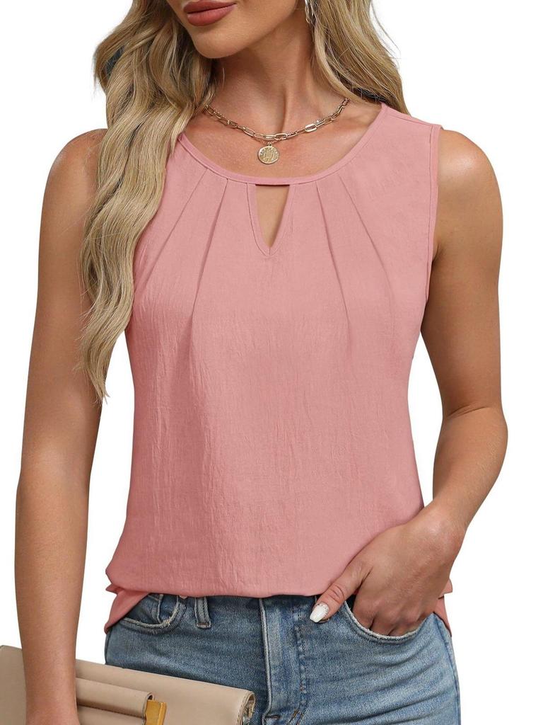 2025 Summer Women's Pleated Solid Color Sleeveless Hollow Out T-shirt Vest
