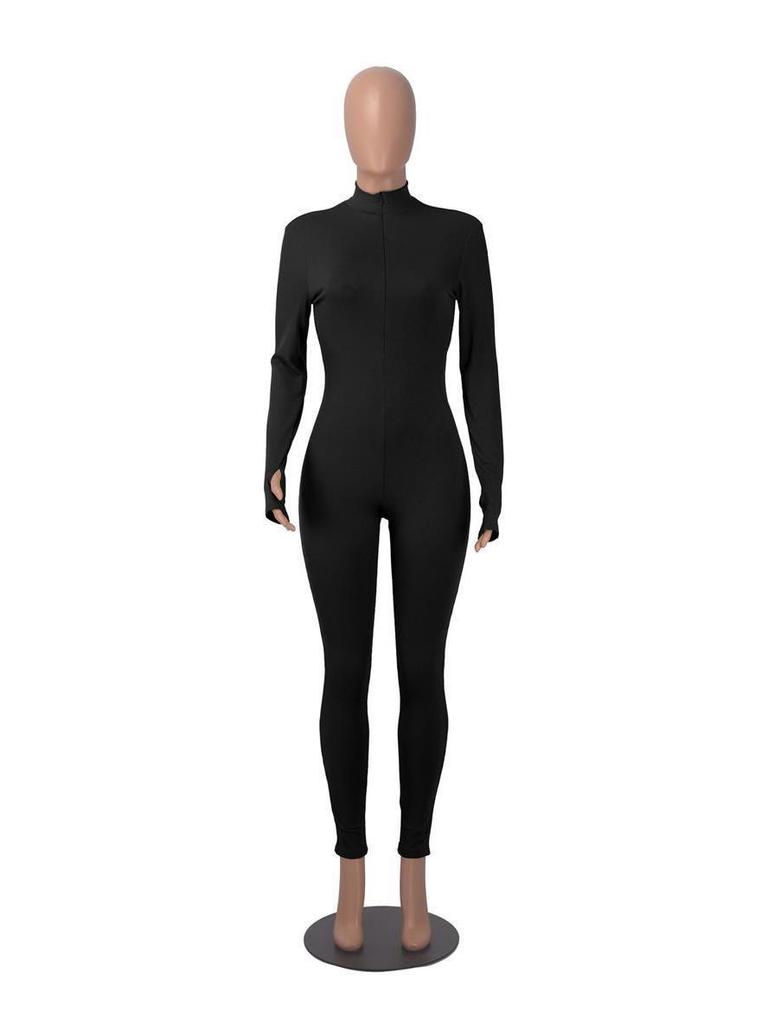 Women's Ribbed Elastic Slim-fit Long Sleeve Sport Yoga Jumpsuit with Invisible Zipper