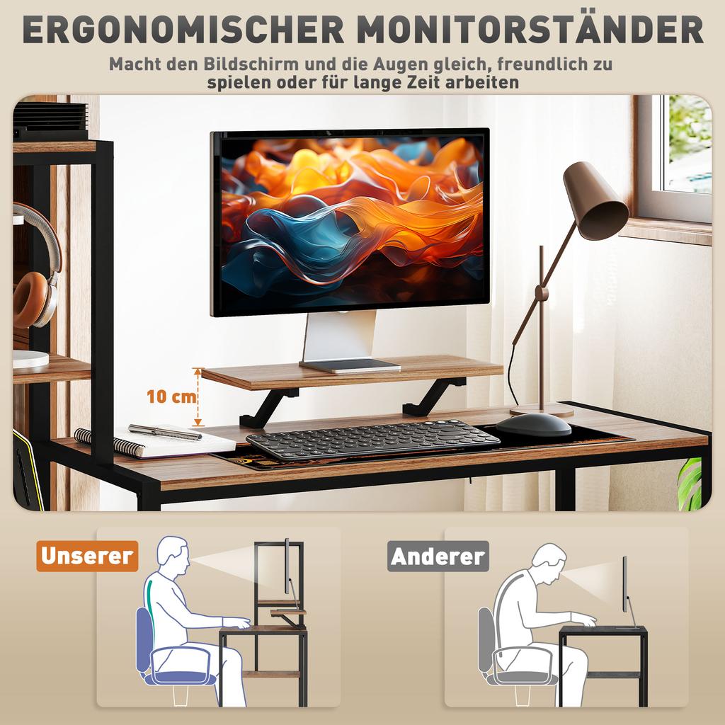 Computer Desk with Monitor Stand, Desk with 4-Tier Shelf, Industrial Design, Brown