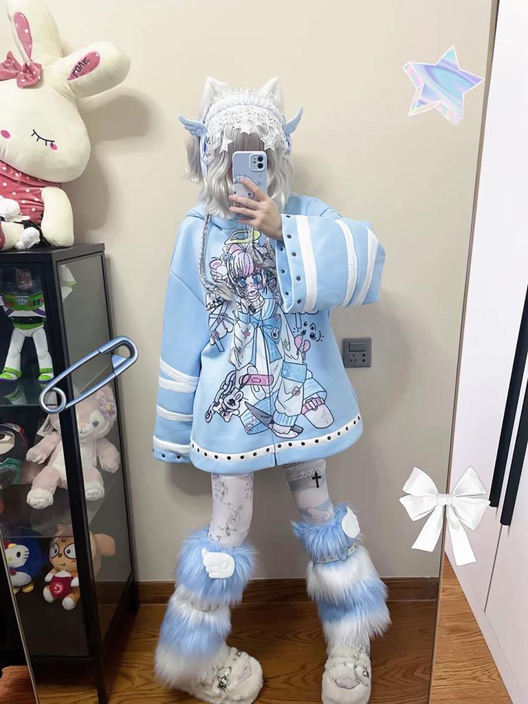 XHSUKADO Rabbit Ear Long Cute Color Angel Harajuku Shibuya Subculture Light Size L Women's Hoodie, Sleeve, Thick, Sweatshirt, Coat, Outerwear, Top,