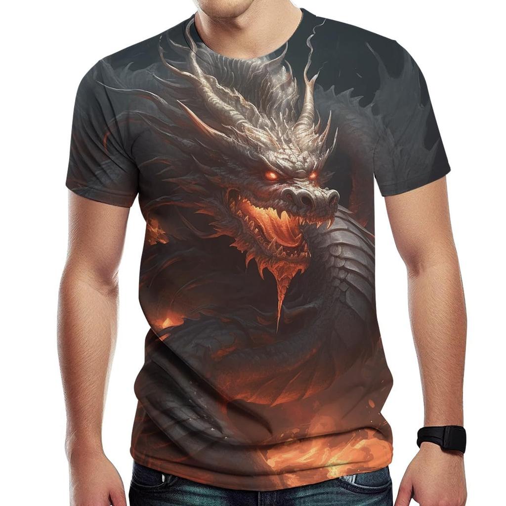 Summer Round Neck 3D Dragon Pattern Print Top Fashionable Casual Short Sleeved Men's T-shirts