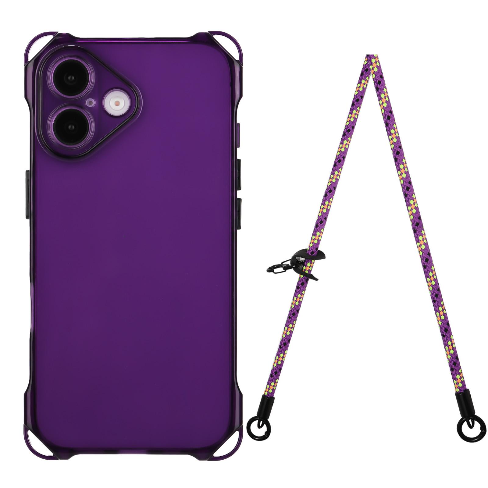 

For iPhone 16 TPU Case Four Corner Drop-Proof Back Cover with Long Strap Purple