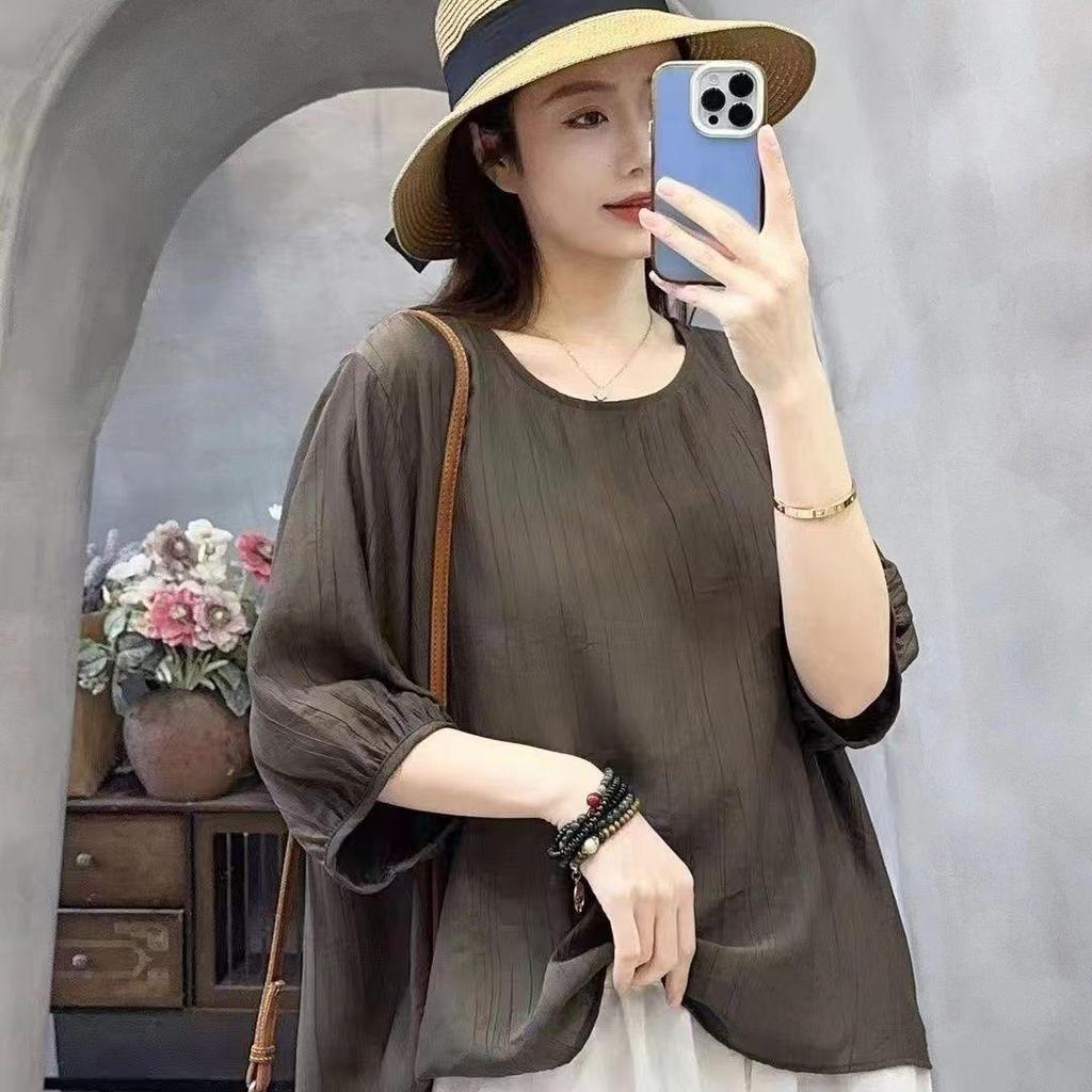 2024 Damen Tencel Baumwolle Leinen Mittellangärmelige Lockere Freizeitbluse mit Schlankmachender Bauchkontrolle für Mittelalte und Ältere