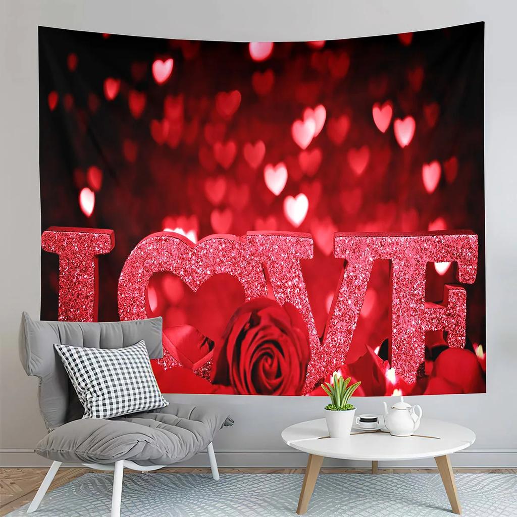 Happy Valentines Day Tapestry Red Rose and Love Heart Tapestry Art Decor Wall Hanging Home Living Room Bedroom Dorm Tapestries