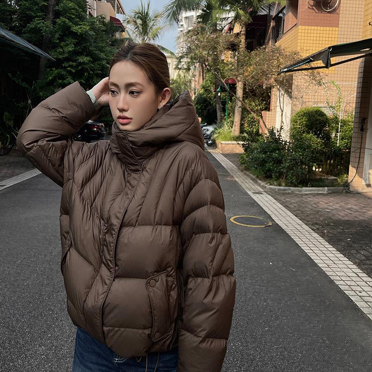 Übergroße Damen Daunenjacke mit Kapuze Winter Braun Langärmlig Pufferjacke Damen Oberbekleidung Warm