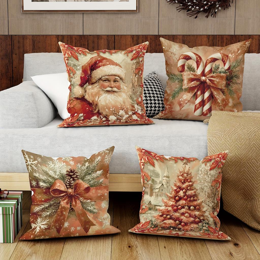Christmas Day Party Decoration Pillowcase Santa Claus Christmas Tree Bow Pattern Suitable for Home Room Sofa Cushion Cover