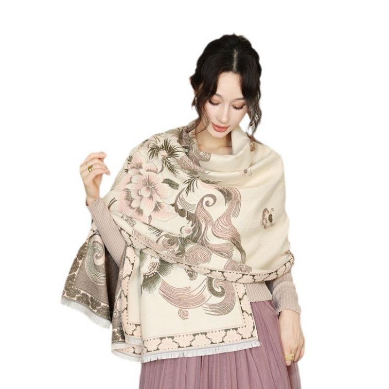 Scarf Women's Autumn and Winter New Double-sided Jacquard Scarf Versatile Auspicious Lotus Imitation Cashmere Shawl Thickened Warm Scarf