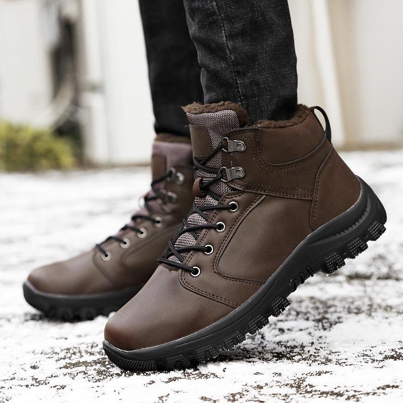 Winter Men Boots Short Plush 2018 Shoes Men PU Snow Boots Rubber Ankle Botas Fashion Leather Snow Shoes Lace Up Warm