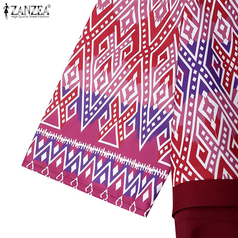 ZANZEA Women Casual Fake Two Piece Patchwork Retro Print Short Sleeve Dress